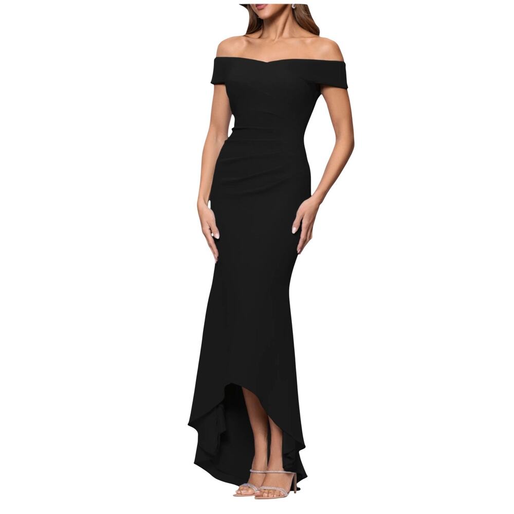 NEW XSCAPE Formal Dress‎ Gown 4 Scuba Crepe Black High Low Off Shoulder Pleats